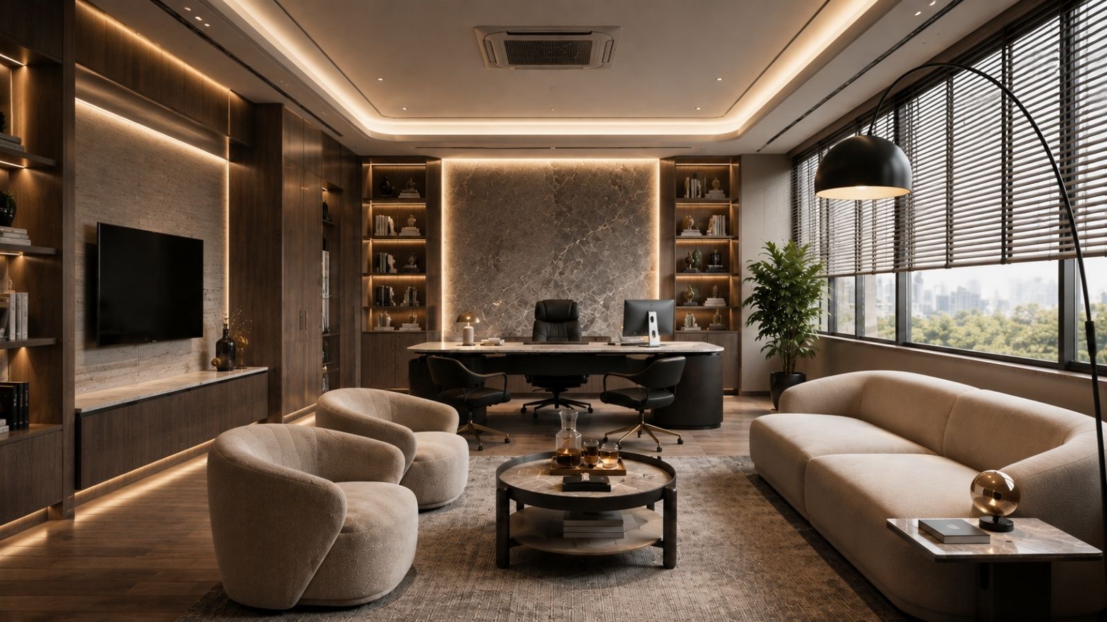 Góc làm việc của giám đốc nổi bật với bàn làm việc kết hợp mảng tường ốp gỗ sang trọng, kệ sách âm tường chiếu đèn vàng ấm