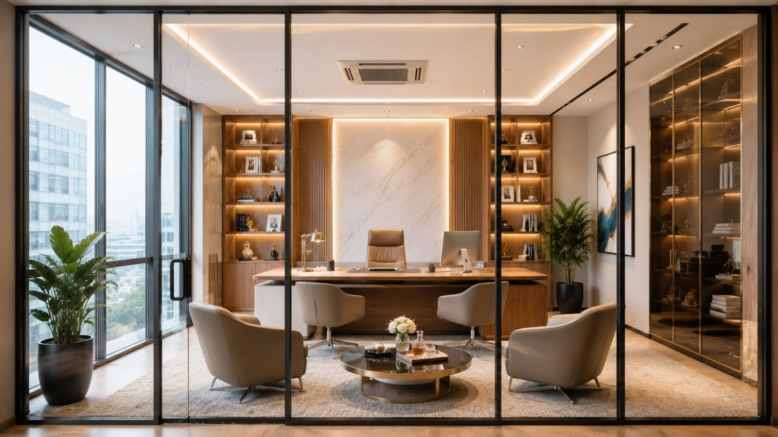 Góc nhìn qua hệ cửa kính trượt khung kim loại đen chiếu vào không gian phòng giám đốc, bên trong bố trí bàn làm việc gỗ lớn
