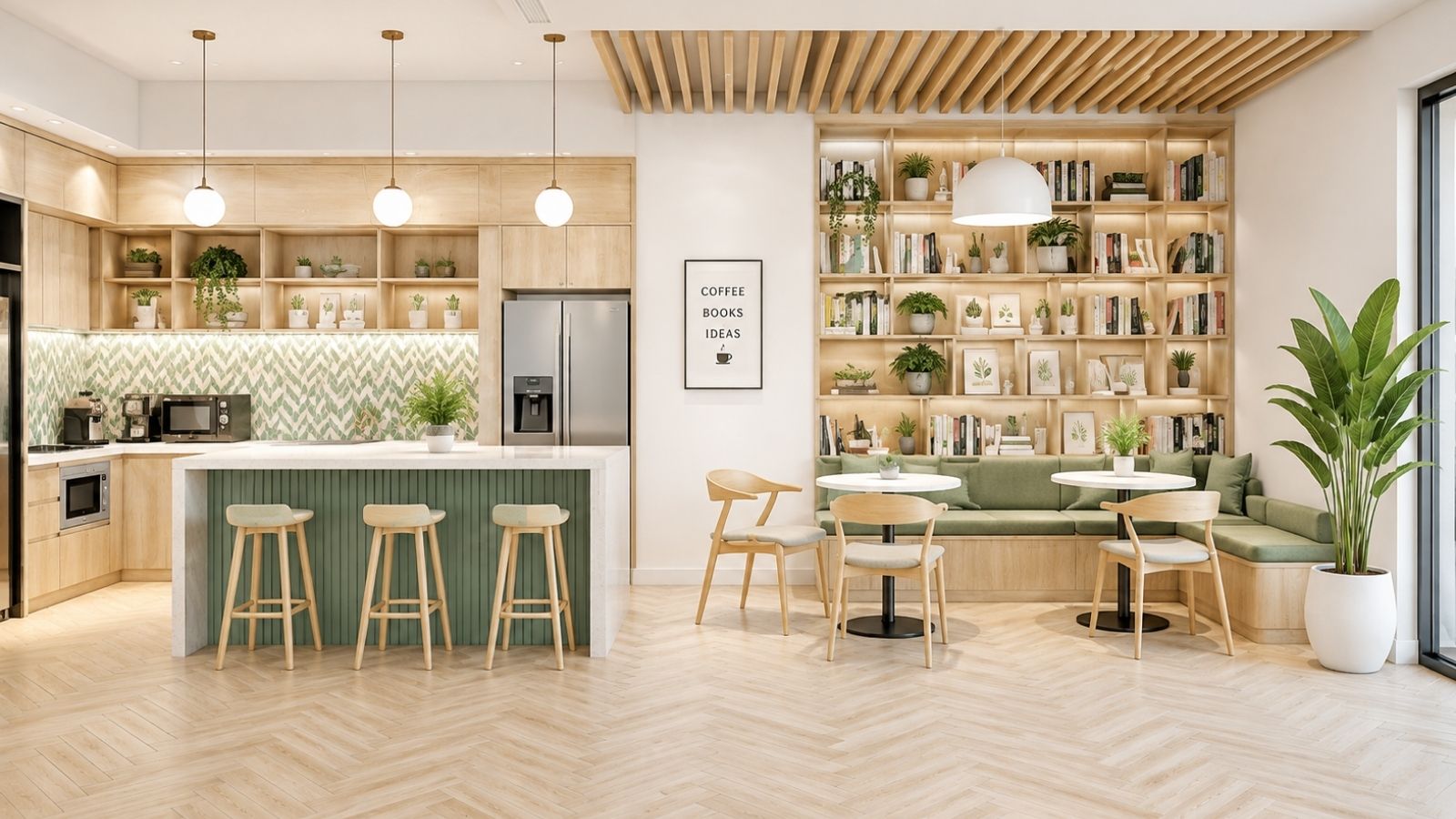 Mẫu pantry văn phòng hiện đại kết hợp với góc thư viện nhỏ