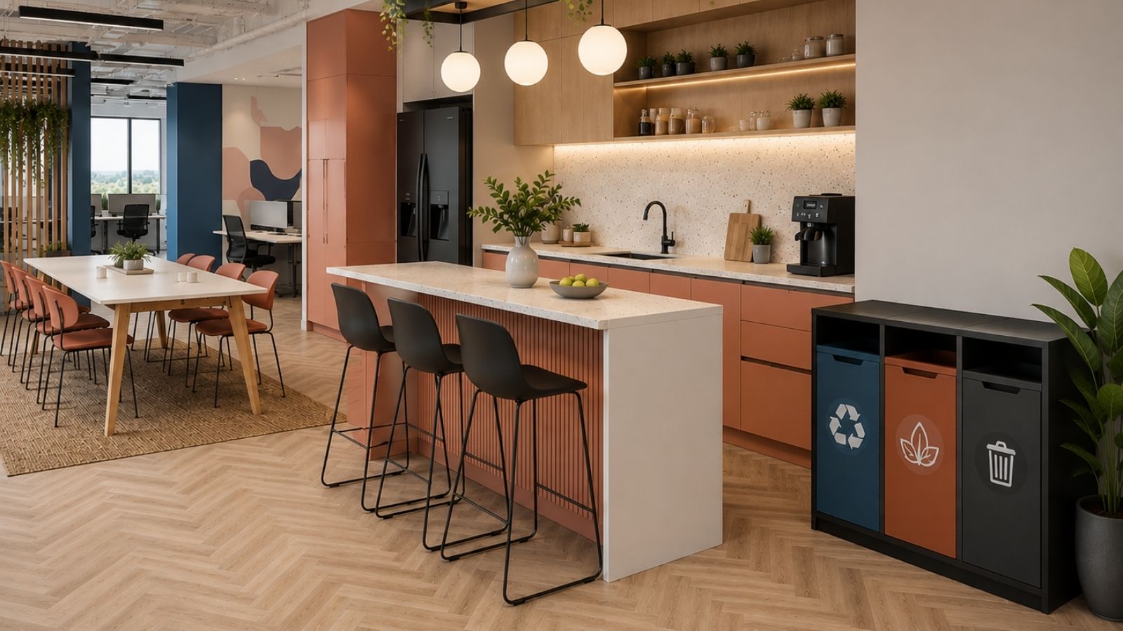 Mẫu pantry văn phòng xanh tone màu hồng be kết hợp với thùng phân loại rác