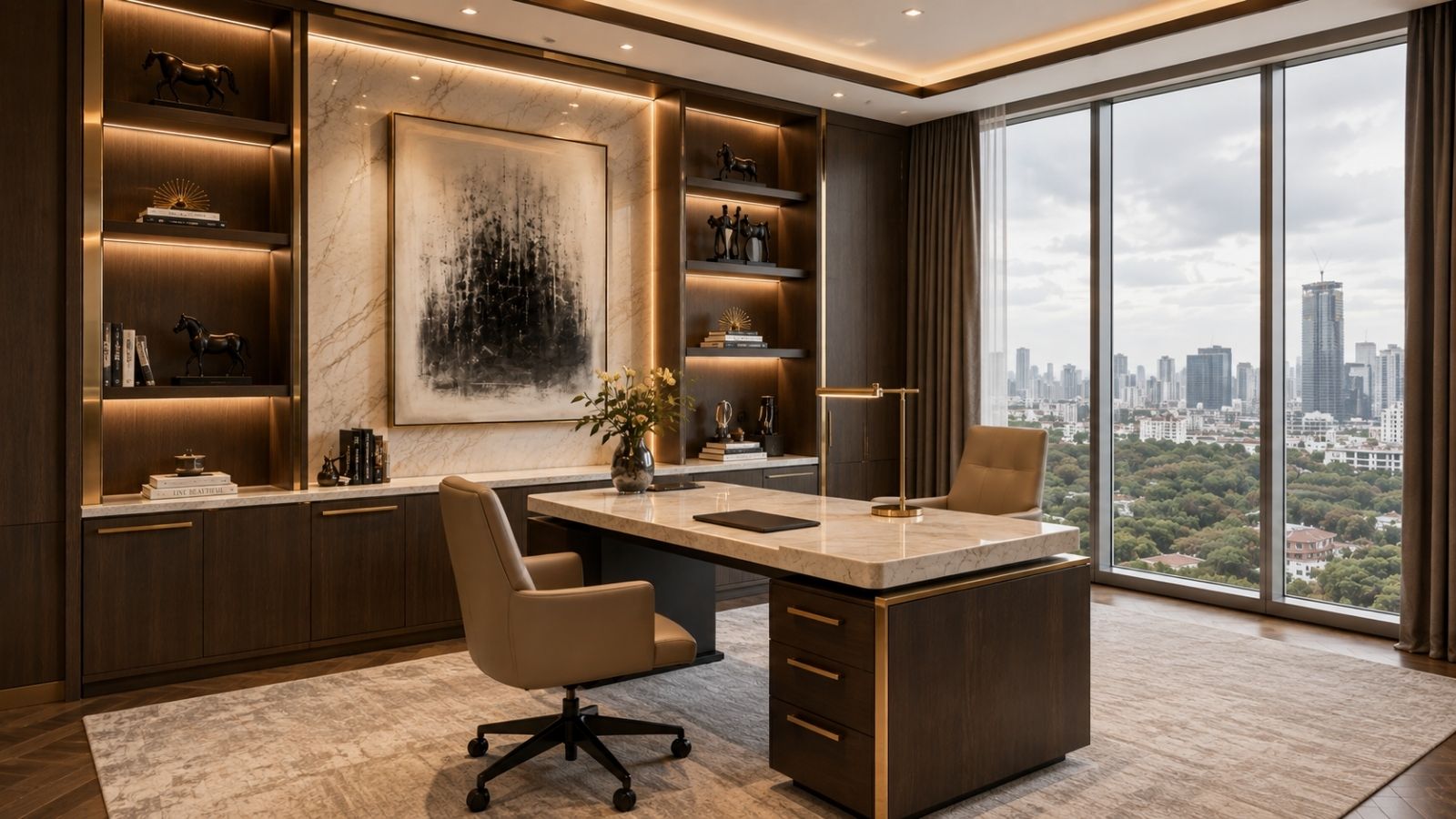 Bàn làm việc giám đốc mặt đá sang trọng kết hợp ghế xoay da màu kem, phía sau là bức tranh nghệ thuật lớn và hệ tủ kệ gỗ có nẹp viền kim loại ánh đồng hắt đèn LED