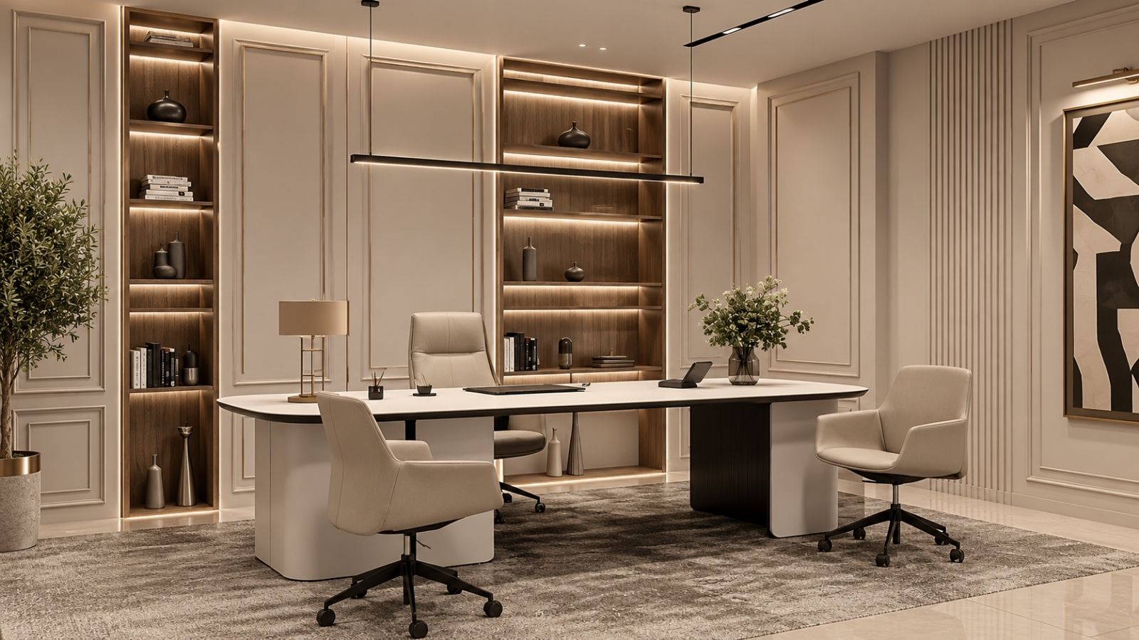 Không gian làm việc giám đốc phong cách cổ điển hiện đại nổi bật với vách tường trang trí phào chỉ xám, kệ tủ âm tường tỏa ánh sáng vàng và bàn làm việc mặt đá kết hợp ghế da màu kem