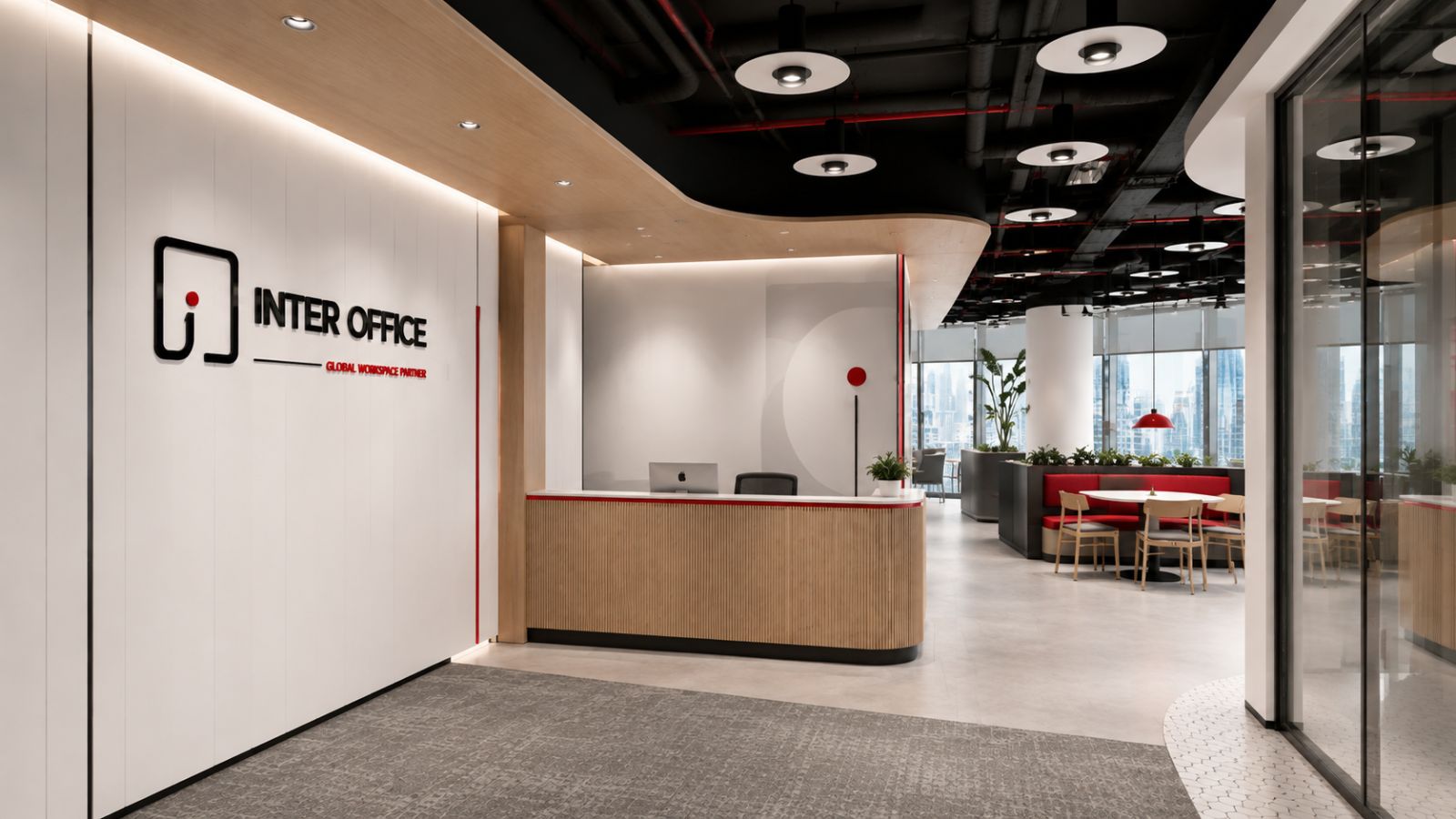 Mẫu văn phòng được thiết kế theo phong cách corporate, lấy thương hiệu inter office làm điểm nhấn, màu sắc nhẹ ngành và không gian rộng rãi thoáng mát