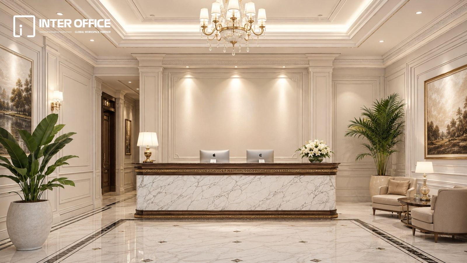 Thiết kế sảnh lễ tân văn phòng tân cổ điển sang trọng với quầy lễ tân đá cẩm thạch