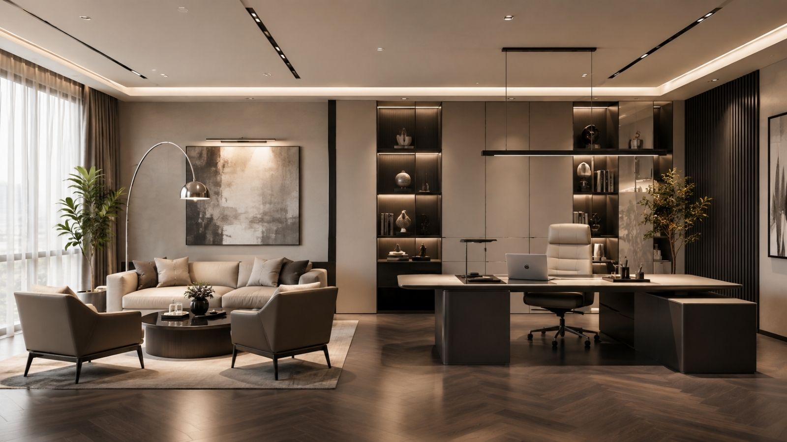 Sofa, ghế đơn và bàn trà được bố trí riêng biệt nhưng hài hòa với bàn làm việc, tạo không gian thuận tiện để tiếp đón khách hàng và đối tác