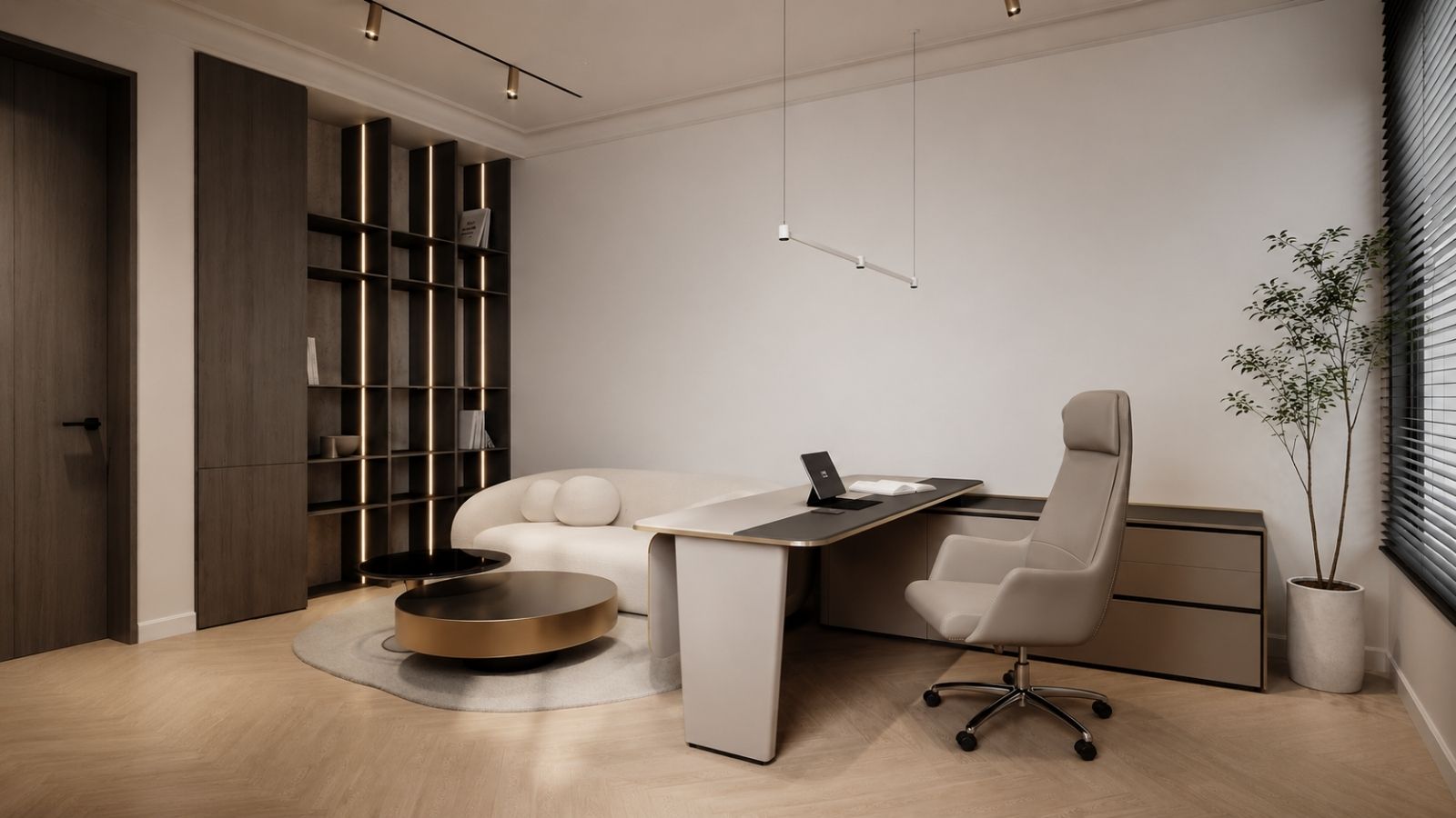 Thiết kế sử dụng tông trắng kem kết hợp gỗ tối màu, bàn giám đốc tối giản, sofa cong, bàn trà kim loại và hệ tủ kệ chiếu sáng tạo điểm nhấn sang trọng