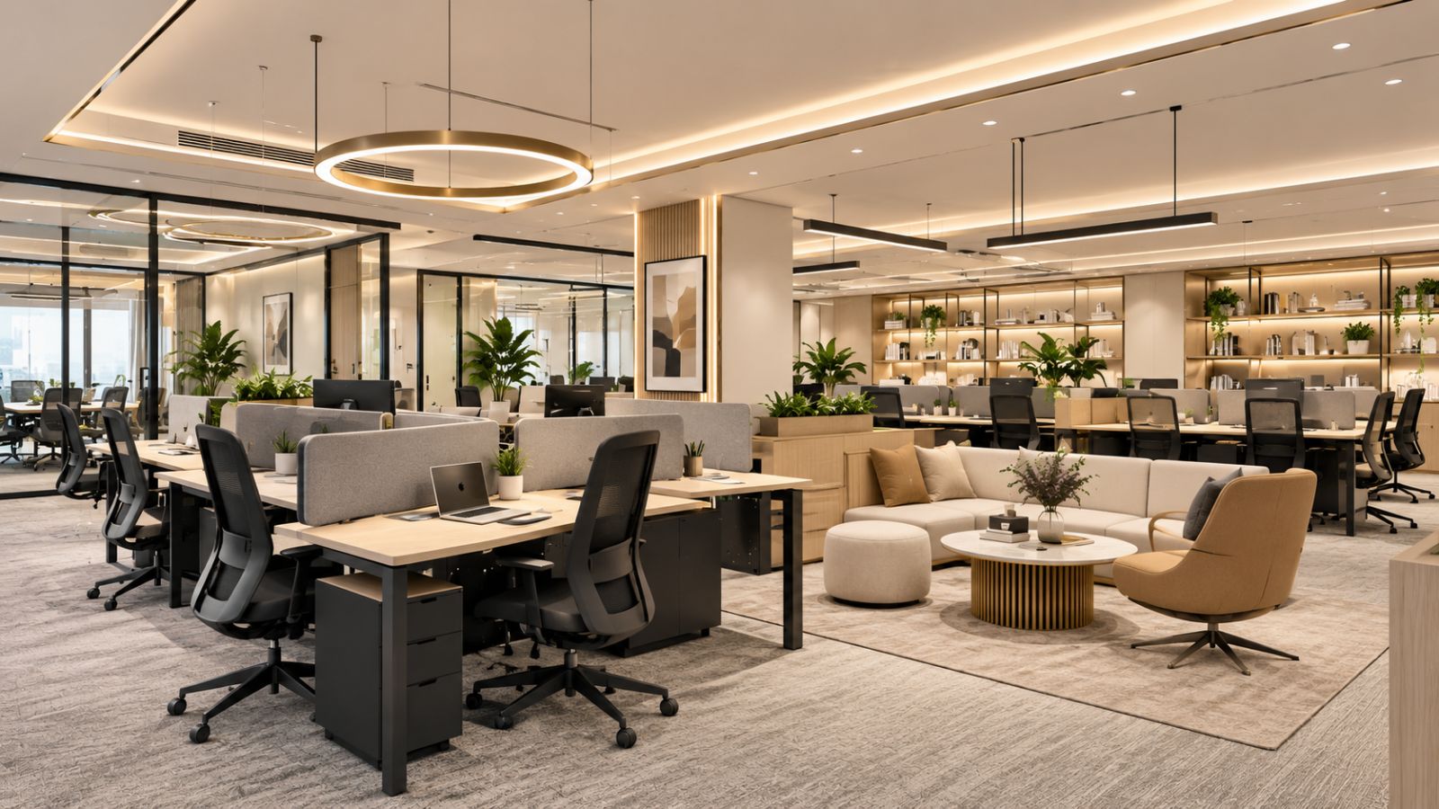 Phong cách châu âu với không gian coworking hiện đại với sofa cong, quầy bar, kệ trang trí vòm và cây xanh tông màu be - xanh olive
