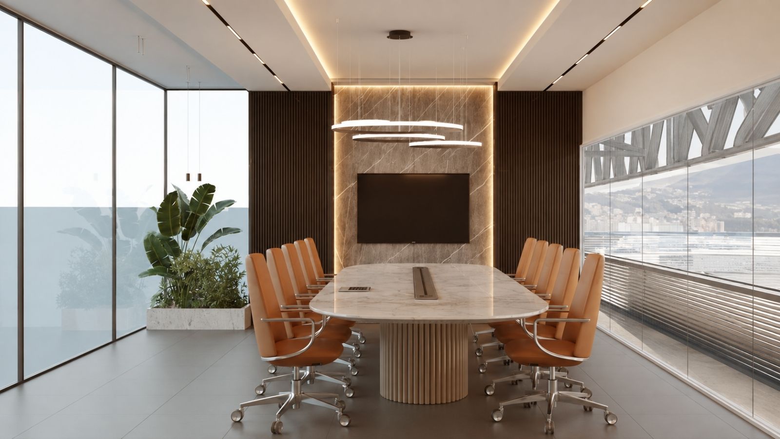 Mẫu nội thất phòng họp luxury với bàn họp mặt đá bo tròn, hai hàng ghế xoay bọc da màu cam đất, mảng tường trung tâm ốp đá hoa cương vân mây kết hợp vách gỗ sọc nổi