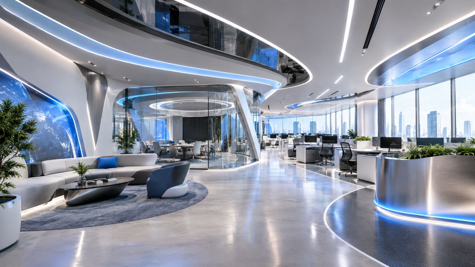 Văn phòng futuristic với gam màu trắng xám - xanh sử dụng ghế công thái học kết hợp ánh sáng tự nhiên