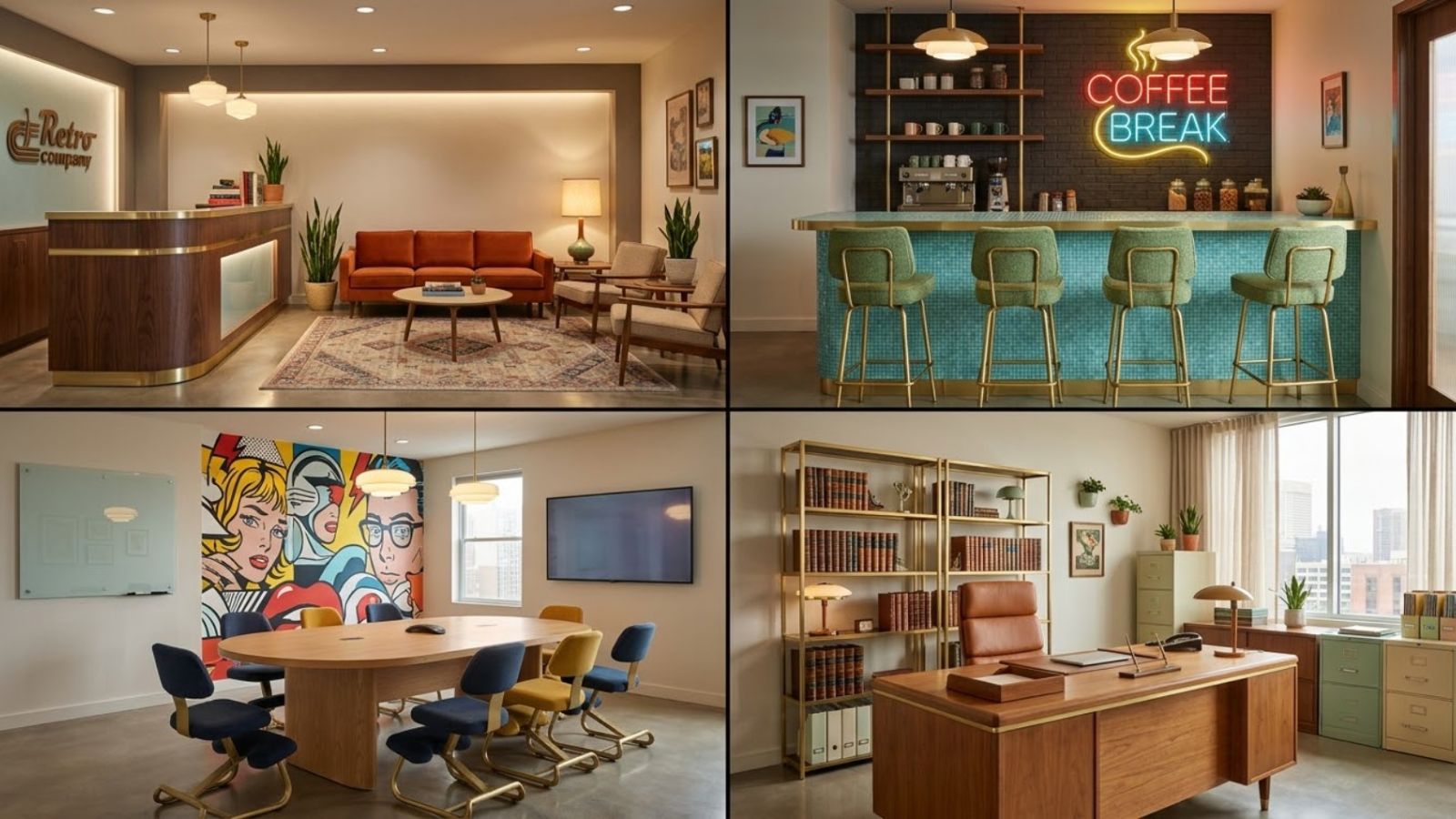 Ứng dụng thiết kế phong cách retro cho 4 khu vực lễ tân pantry phòng họp và phòng làm việc
