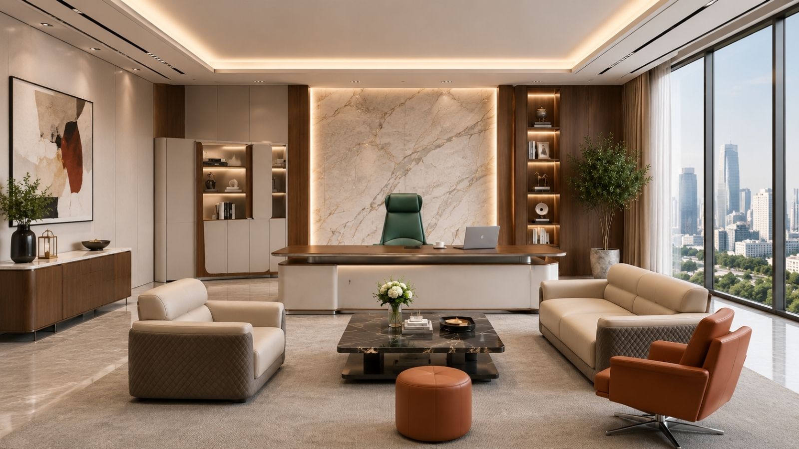 Thiết kế phòng giám đốc hiện đại kết hợp đá marble sau ghế làm việc, gỗ và nội thất cao cấp trong không gian tinh tế