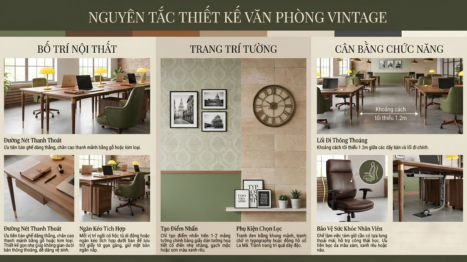 Infographic 3 nguyên tắc thiết kế văn phòng vintage gồm bố trí nội thất, trang trí tường và cân bằng chức năng