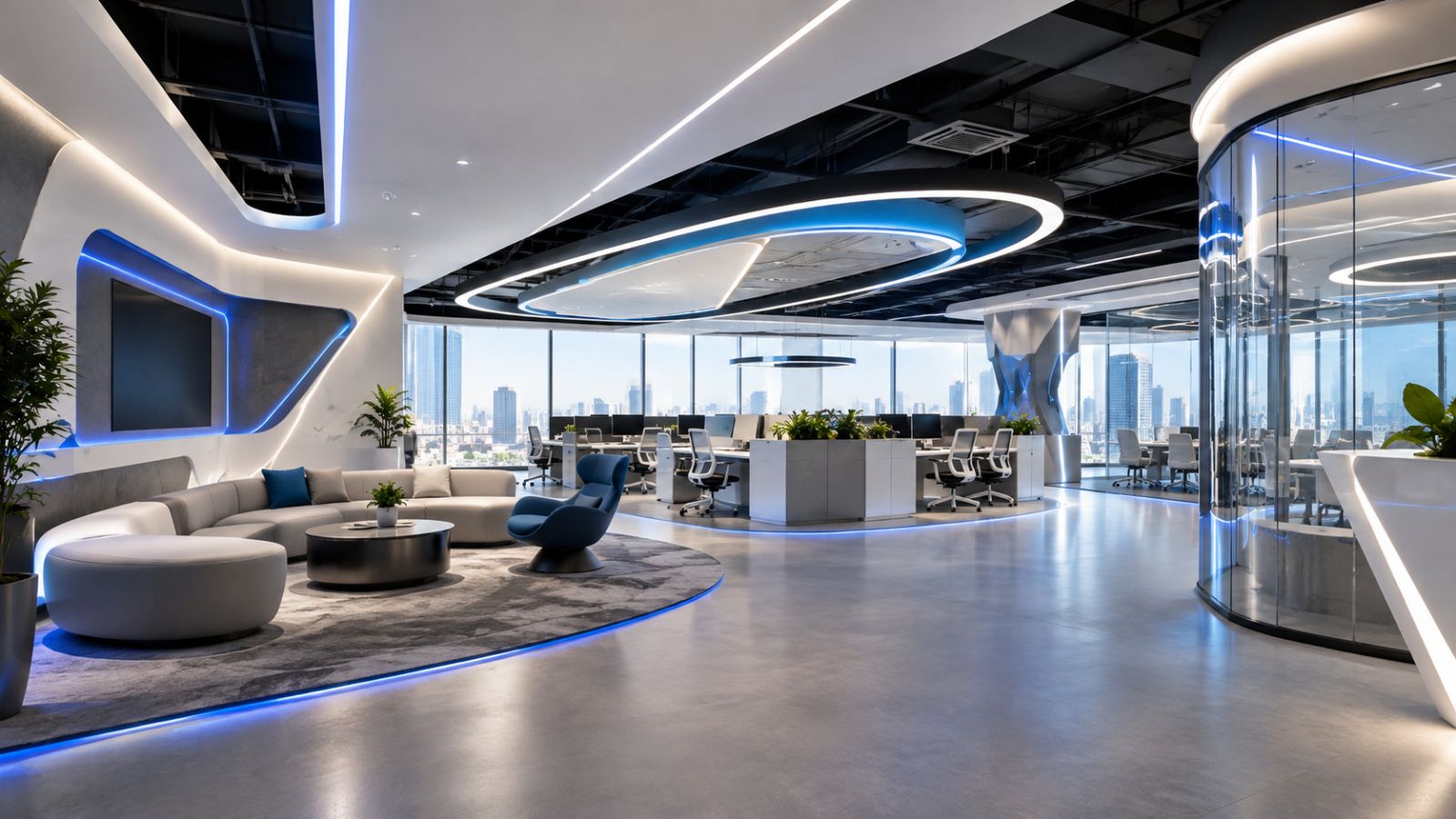 Phong cách futuristic trong thiết kế văn phòng với không gian rộng rãi thoáng mát hiện đại và sử dụng vật liệu cao cấp